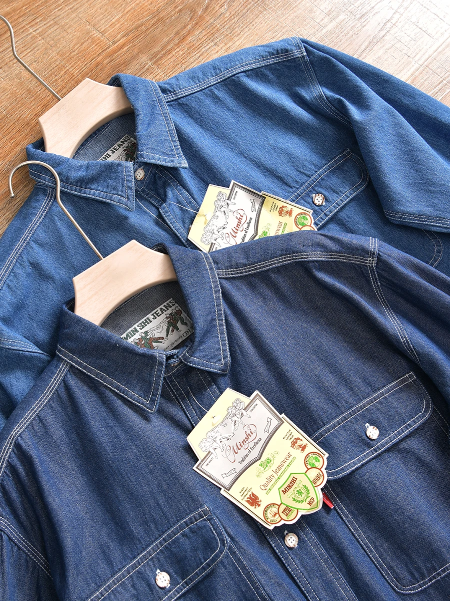 American Retro Men's Denim Shirt Jacket Heavyweight Washed Stitching Spring Season Youth Fashion Loose Fit Long Sleeve Pure C...