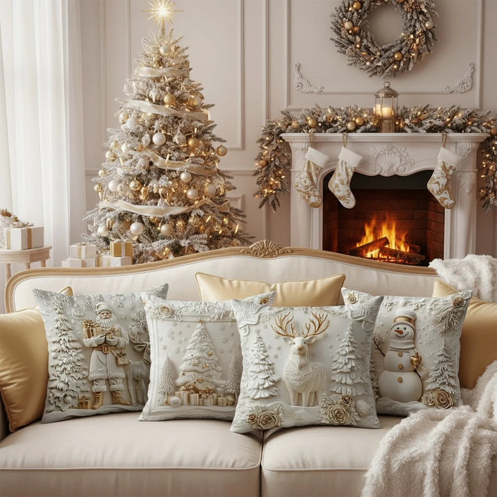 4piece Christmas Winter Velvet Pillow Covers Clean Concealed Zipper Exquisite Printing Technology Velvet Soft
