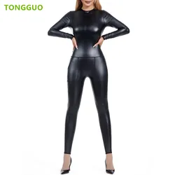 Women's Leather Body Shaper Bodysuit Back Zip Stretch Slim jumpsuit Party Club Women Sexy Jumpsuit Skinny Shapewear with Pockets