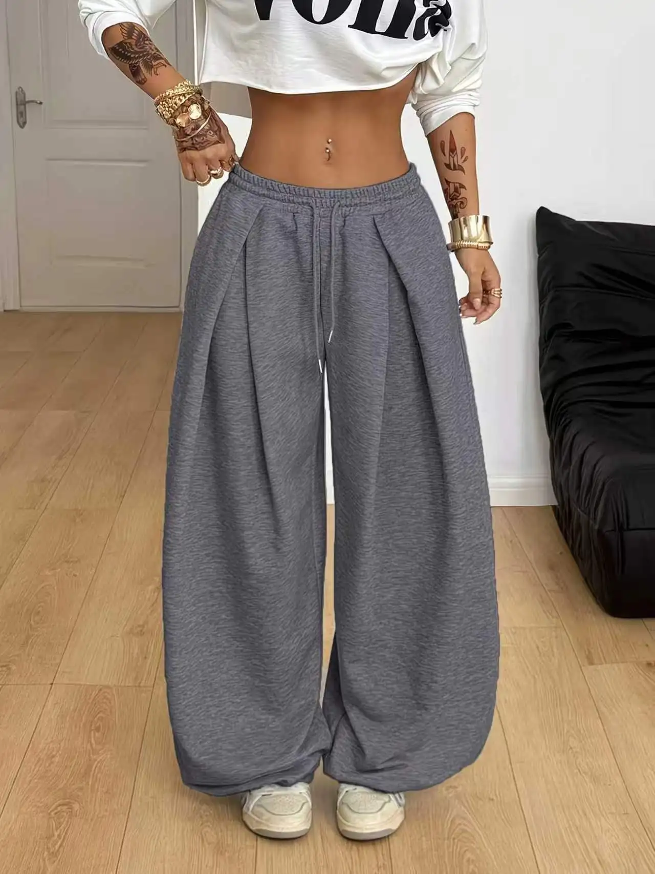 Y2K new Wide Leg Sweatpants Women Streetwear Baggy Oversize Gray Sports Pants High Waist Drawstring Casual Joggers Trousers