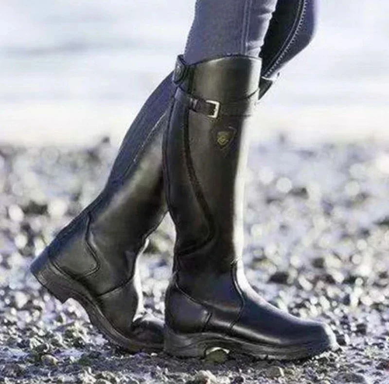 Women Boots 2024 Fashion Vintage Casual Solid Color Women's Boots PU Retro Faux Leather Knee Length Midi Boots Female Shoes