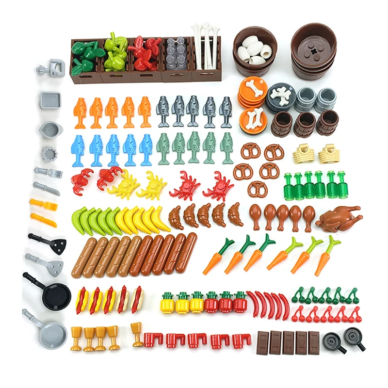 

Building Blocks Food Bread Fish Mini Fruit Roast Chicken Creative Toys MOC 3D Figure Parts City Bricks Compatible Classic Blocks