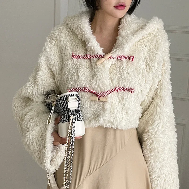 

Winter Lamb Plush Hooded Jacket Candy-colored Hemp Rope Horn Buckle Loose Short Warm Double-faced Fleece Jacket Women Fashion