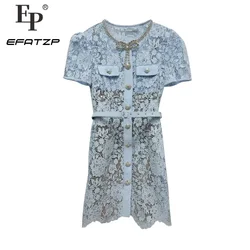 Brand Quality Summer Holiday Diamonds Crystal Bow Floral Embroidery Blue Lace Party Dress Women's Short Sleeve Mini Dresses