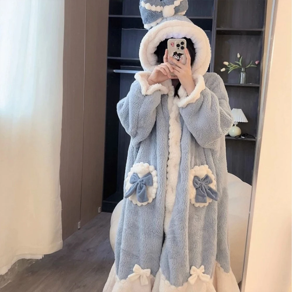 رداء نوم من الصوف المرجاني على طراز الأميرة للنساء ملابس منزلية شتوية سميكة لطيفة وناعمة للفتيات رداء نوم