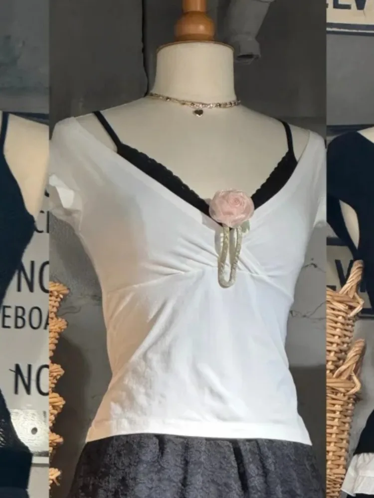 White Slim V-neck Tank Tops Women Summer Simple Fairy Style Cotton Sleeveless Cropped T-shirts Vintage Sweet Cute Vests Y2K New