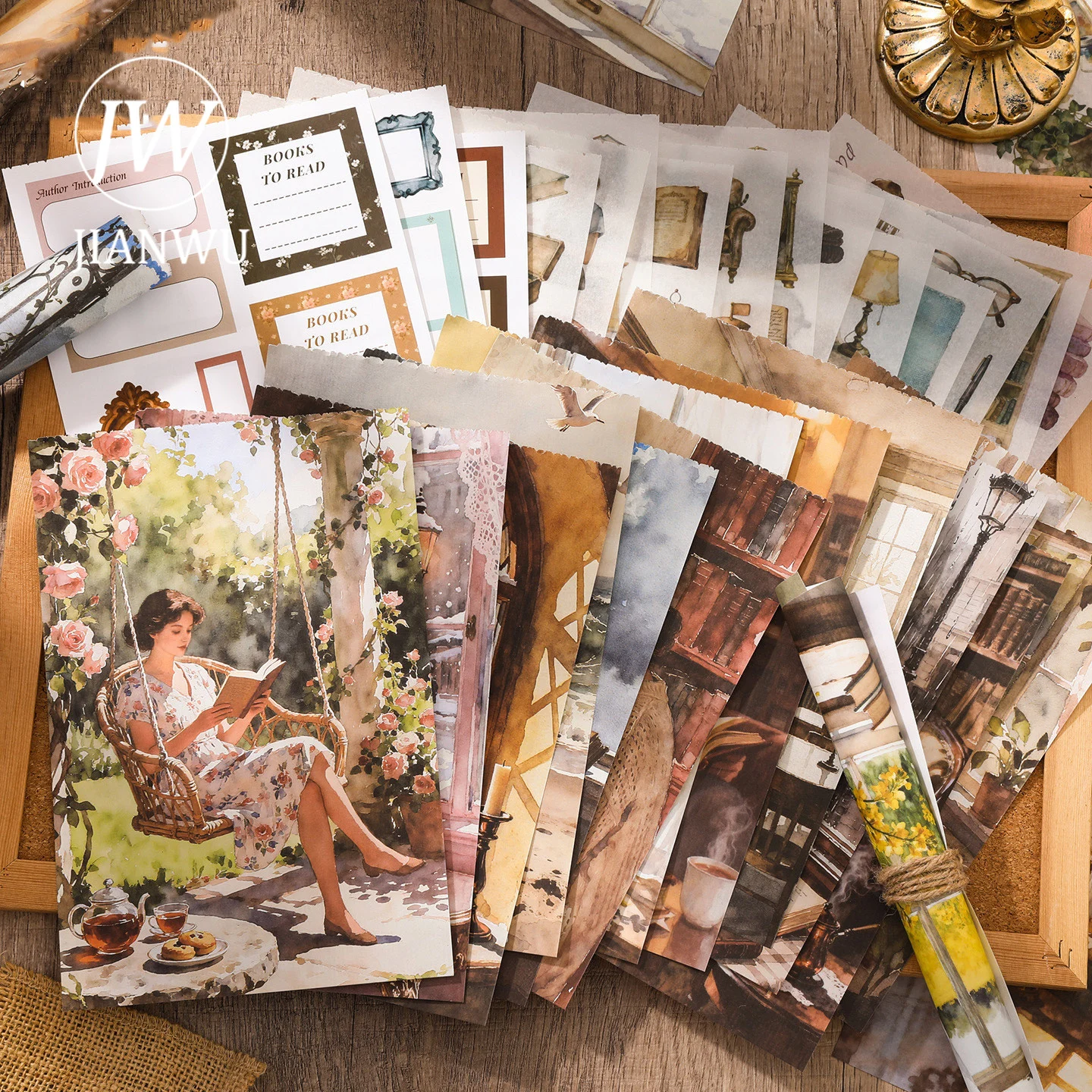 JIANWU Reading Time Series Vintage Character Coffee Label Landscape Material Collage Sticker Book Creative Journal Stationery