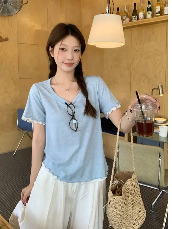 

plus Size Women's Sweet Color Block round Neck Short Sleeve T-Shirt Summer Slimming Versatile Thin Top Korean Style Commute