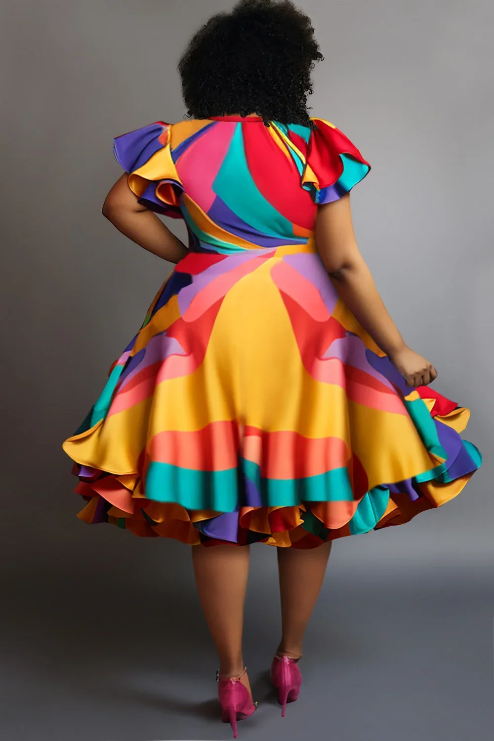 Pleated A-Line Ruffle Dress Plus Size Multicolor Round Neck Petal Sleeve Short Sleeve Elegant Sweet Satin Midi Dress Vintage