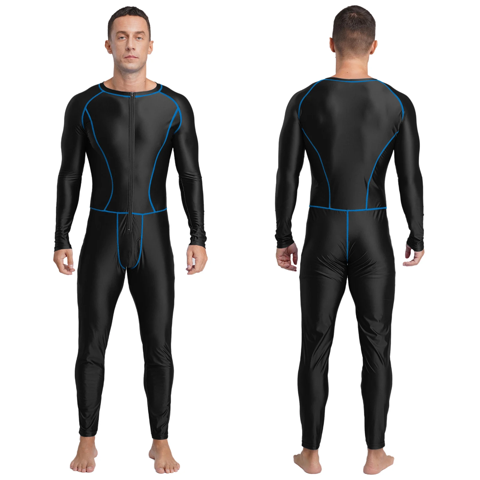 Men Glossy Jumpsuit Swimwear Rash Guard Wetsuit Diving Suit Bathing Suit Long Sleeve Zipper Slim Bodysuit Yoga Workout Leotard