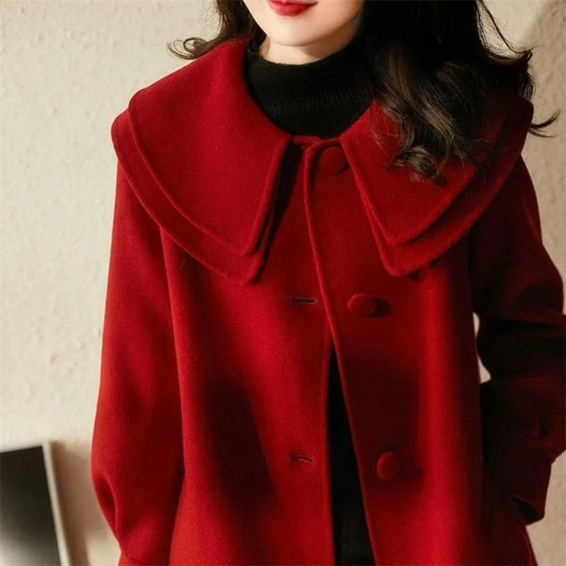 

Women's Outerwear Coat Autumn Winter New Double-sided Woolen Coat Red Doll Collar Double-layer Collar Medium Length Overcoat