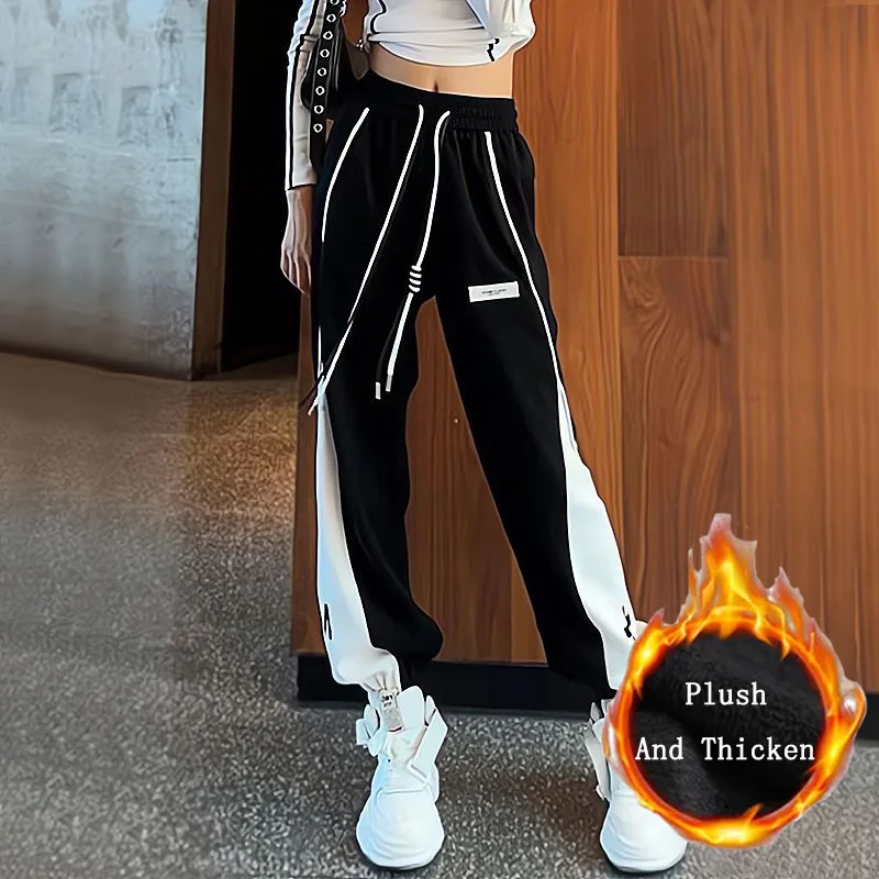 Spring Autumn Casual Color Contrast Bandage Sweatpants All-match Appliques Pockets Loose Patchwork Harem Jogger Trousers Trend