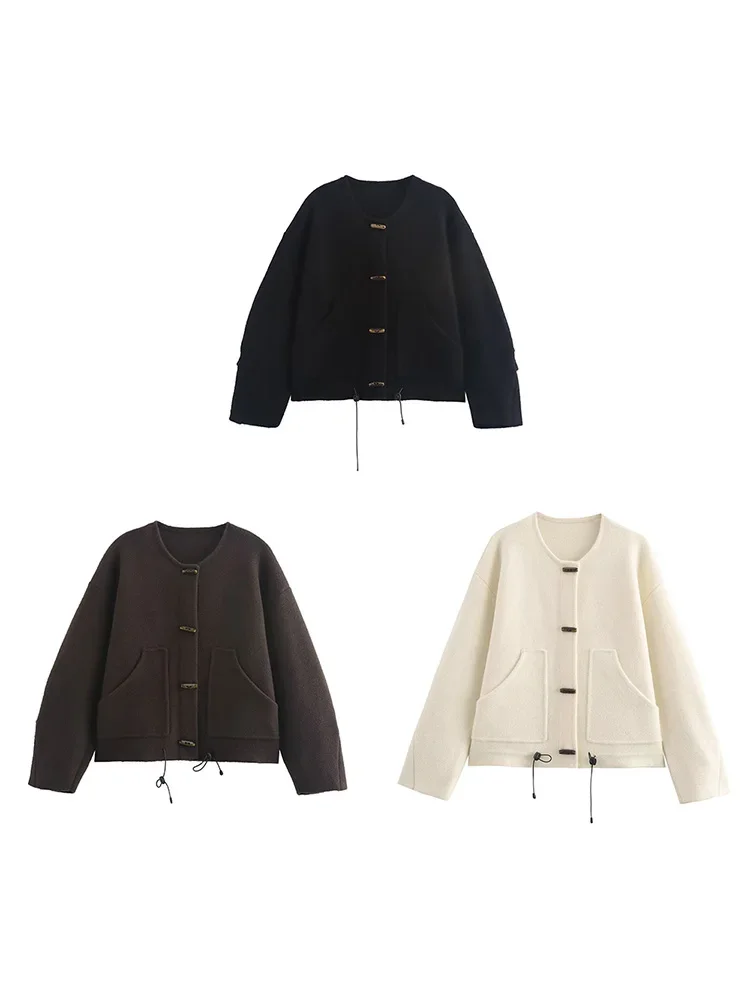 

Pop 2024 New European And American Women's Horn Button Sleeves Pleated Knitted Double-sided Nylon Sweater Jacket