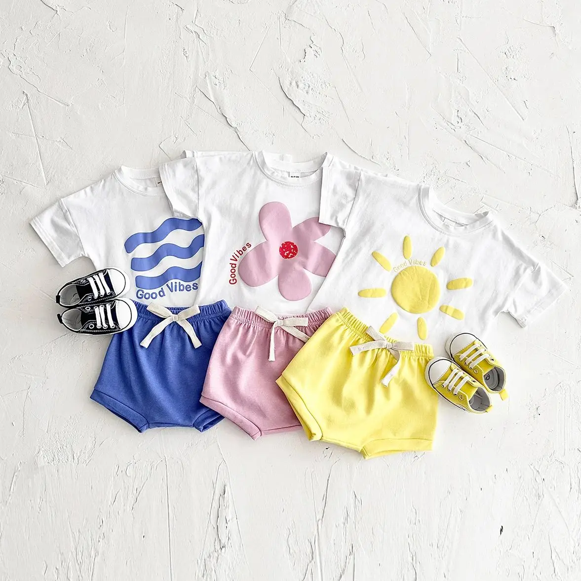 Summer Newborn Boys Baby Set Ripple Flower Pattern Short Sleeved T-shirt+Beach Shorts Cotton Casual Girls Clothing Suit 0-3Y