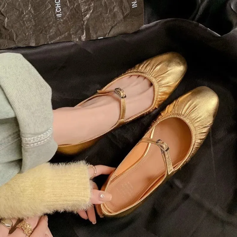 Pleated Fashion Ballet Flats Women Leather Shoe Women Casual Buckle Strap Silver Flats Gold Square Toe 2024 Spring Women's Shoes