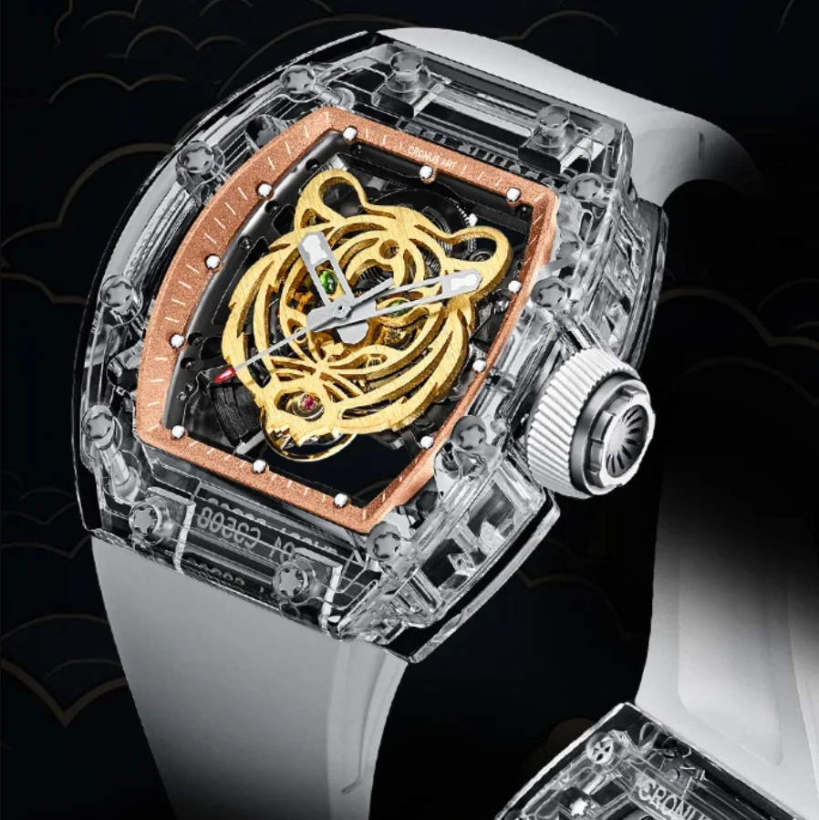 

CRONUSART мужские автоматические часы 50 мм Tonneau акриловый корпус механические наручные часы светящийся прозрачный скелетон тигровый циферблат