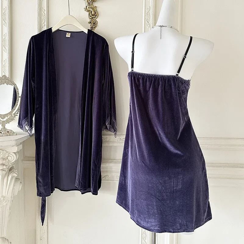 2Pcs Spaghetti Strap Sleepwear Warm Velour Robe Suit Nightgown Sexy Home Dress Nightwear Autumn Winter Pajamas Suit 6