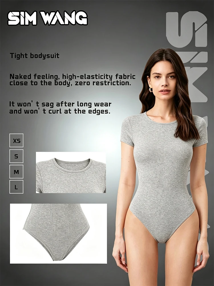 Women's Solid Crew Neck Short Sleeve Bodysuit, Stretch Ribbed Slim Fit Basic Tank Jumpsuit Top
