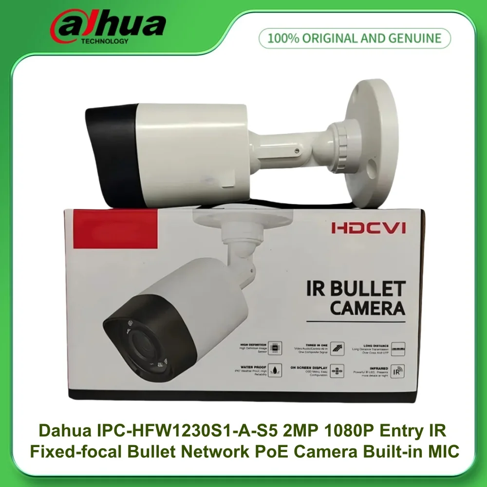

Dahua IPC-HFW1230S1-A-S5 2MP 1080P Entry 30M IR Fixed-focal Bullet Network PoE IP Camera Built-in MIC IP67 Motion Detection