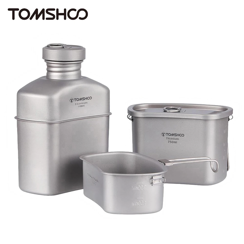 Tomshoo Outdoor Titanium Canteen Cups Set Ultralight Water Bottle Cookware Set Camping Dinnerware Drinking Kettle 1100/750/400ml