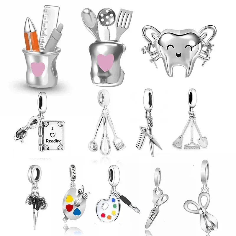 Fit Original Charm Bracelet 925 Silver Thimble Scissors Tray Book Teeth Pen Chef Holder Bead For Profession Cooking Berloque DIY