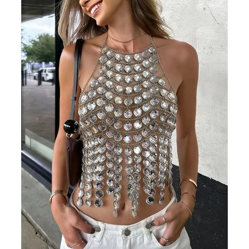 

HG Summer Bikini Cover-ups for Women Metal Chain Halter Neck Rhinestones Body Chain Y2k Backless Tassel Hem Hollow Vest