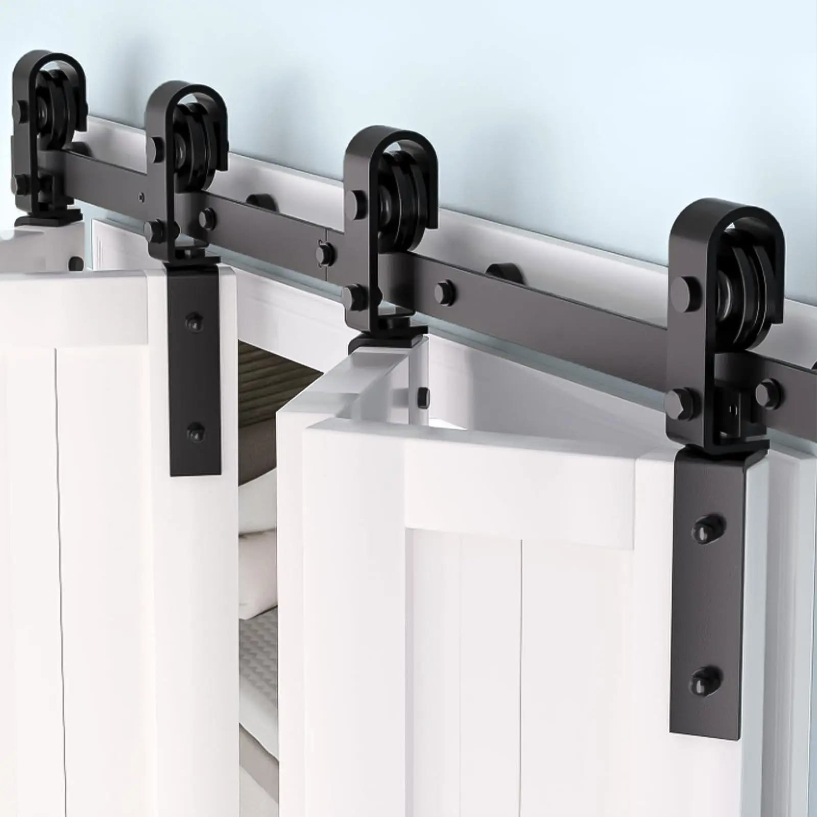 Kit de Herrajes para Puertas Corredizas Plegables de Alta Resistencia, Sistema de Rieles Laterales Negros con Rodillos Suaves y Silenciosos, Compatible con 4 Puertas Plegables