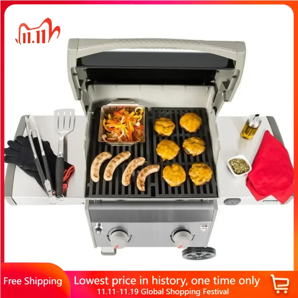 BBQ Grill, 2-Burner Liquid Propane Grills, 48 x 26 x 5inch, cast-iron cooking grates, porcelain-enameled lid, BBQ Grill