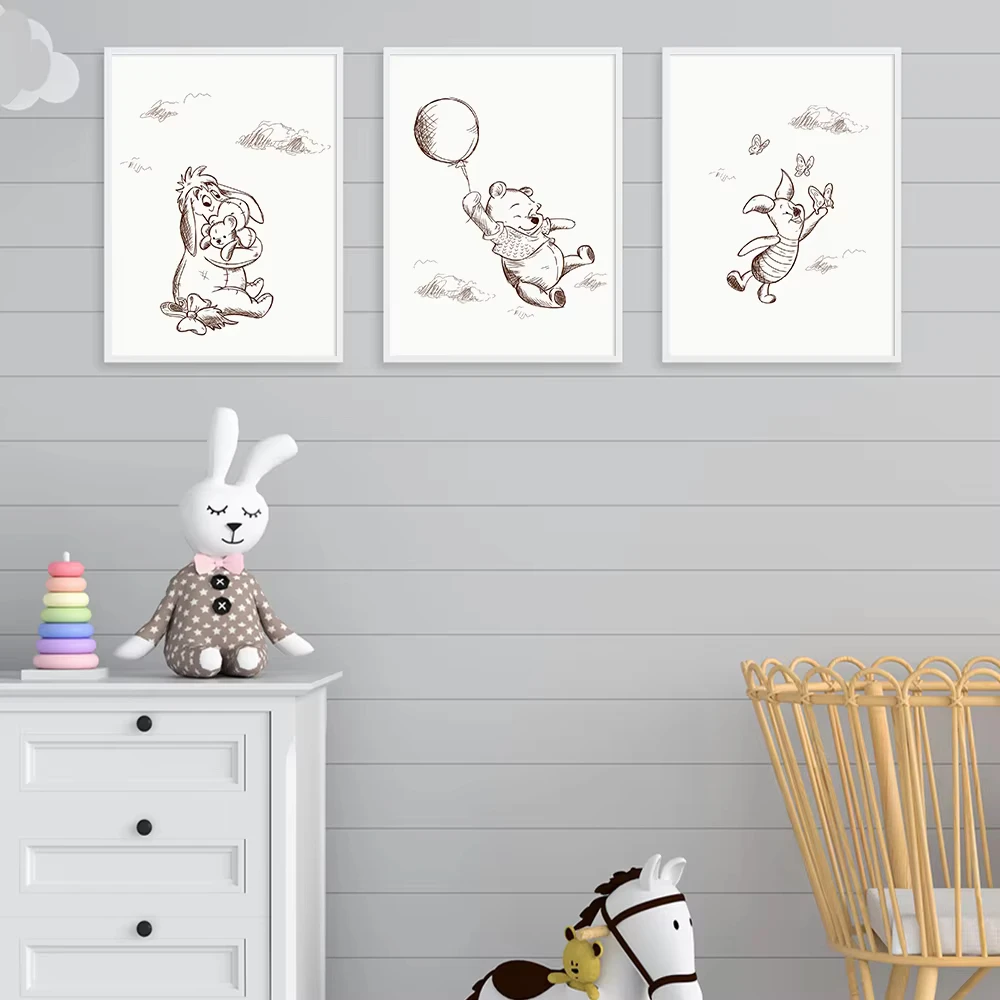 Winnie the Pooh Sketched Painting Nursery Wall Art Canvas Poster Print Bear Piglet Eeyore Pictures for Kids Room Decor
