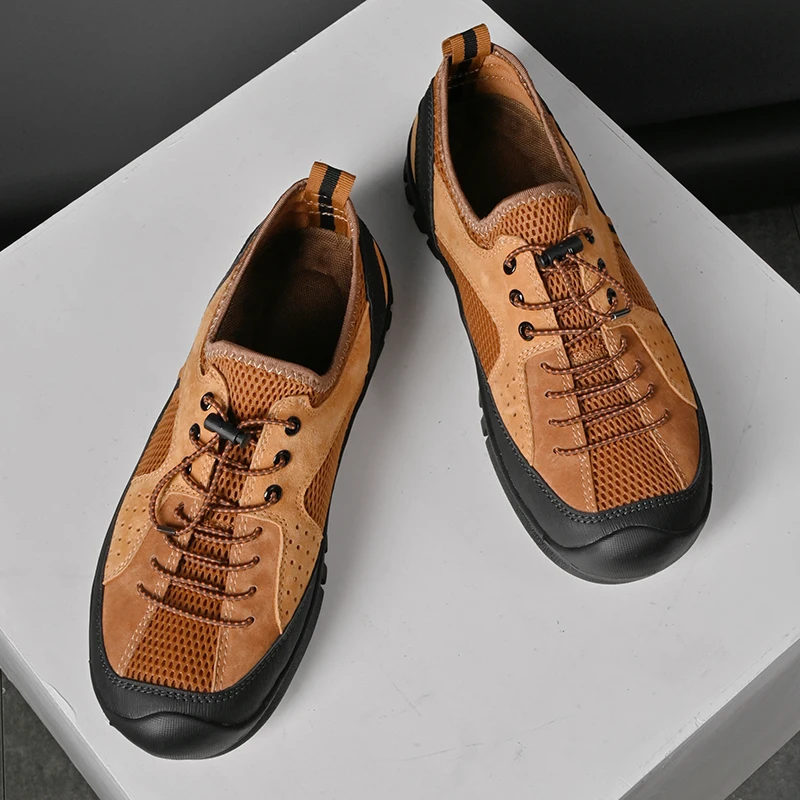 

Summer New Handmade Mesh Breathable Men Shoes Lightweight Non Slip Odor Proof Comfortable Outdoor Hiking Shoes