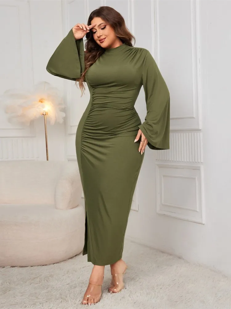 Plus Size Autumn Turtleneck Dress Women Slim Bodycon Split Sexy Modis Irregular Pleated Ladies Flared Sleeve Dresses Woman Dress