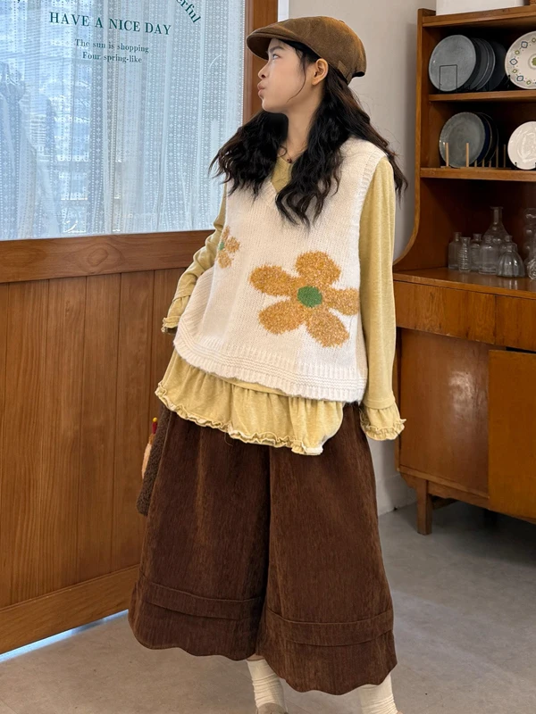 

Faionable Yellow Flower Knitted Vest Women's Retro Sle Autumn Winter New Arrival Warm ort Length round Ne No Sve