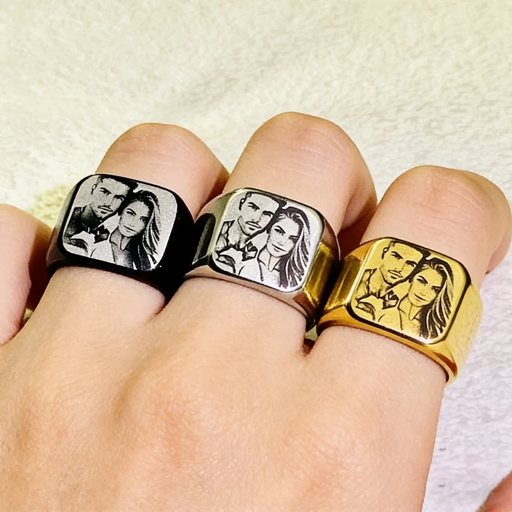 

Custom Mens Rings Custom Photo Logo Letter Fashion Custon Stainless Steel Jewelry Wide Signet Ring For Man Party Accessories