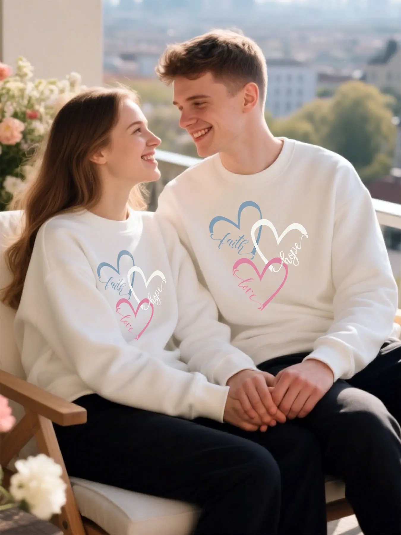 Unisex Soft Cotton Sweatshirt With Faith Hope Love Hearts Print Comfortable Classic Casual Birthday Gift