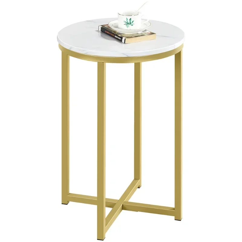 

Wooden Top Round Faux Marble Side Table Sturdy Metal Legs Mustard Gold