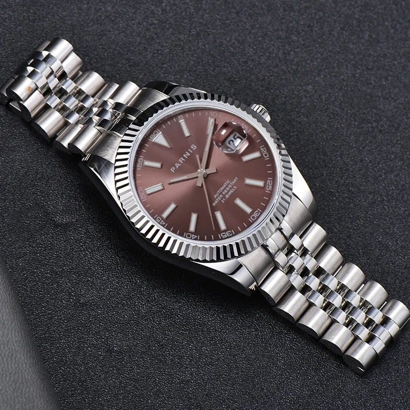 Top Luxury Watch Parnis 39.5mm Brown Dial Men's Automatic Mechanical Watch Sapphire Crystal Calendar Men Watches reloj hombre