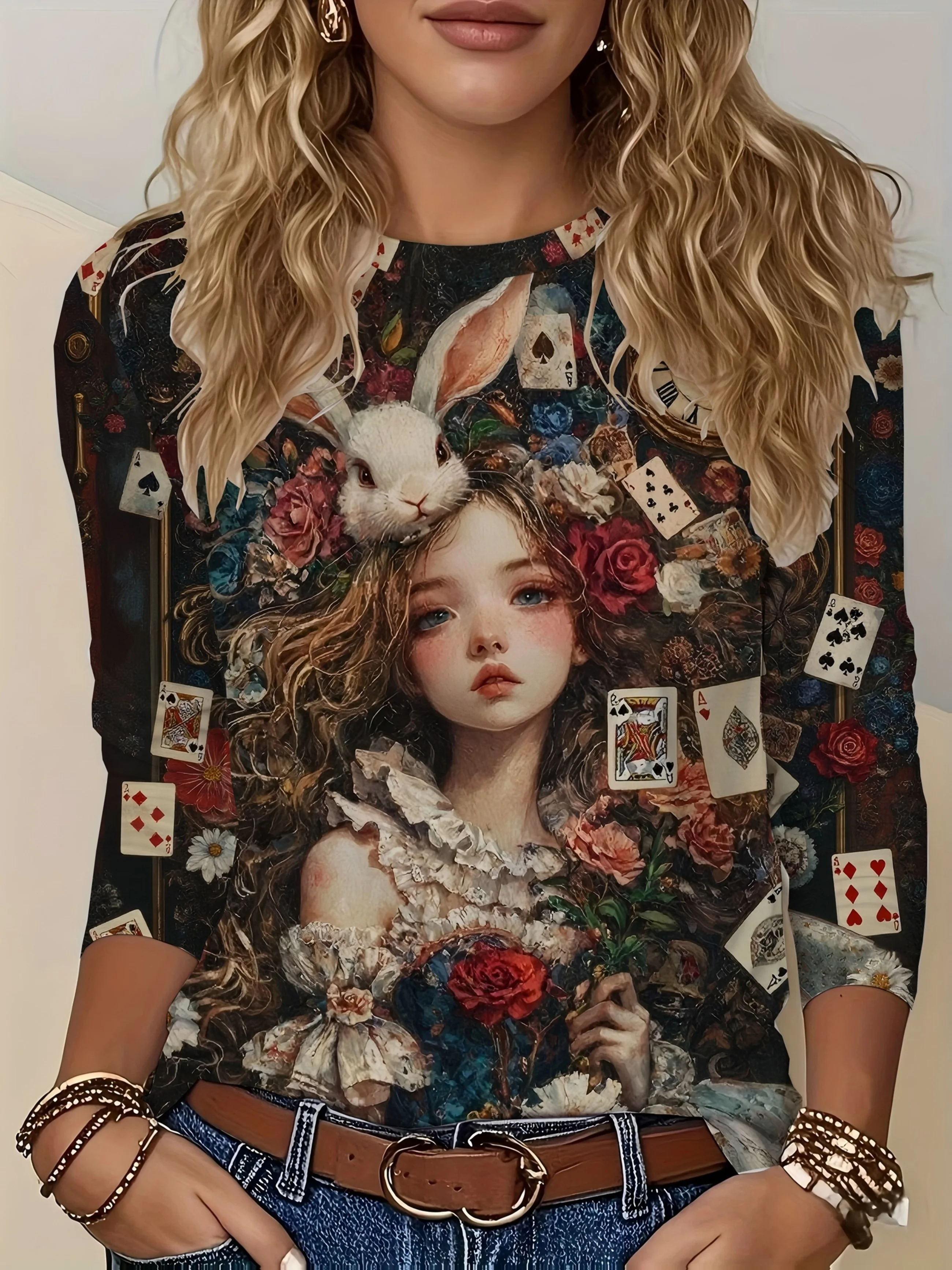 Camiseta de manga larga para mujer, con estampado de Alicia en el País de las Maravillas, una niña con un conejo blanco, rosas y cartas de juego, ideal para el estilo de invierno y las vacaciones, y adecuada para actividades de ocio y deportes.