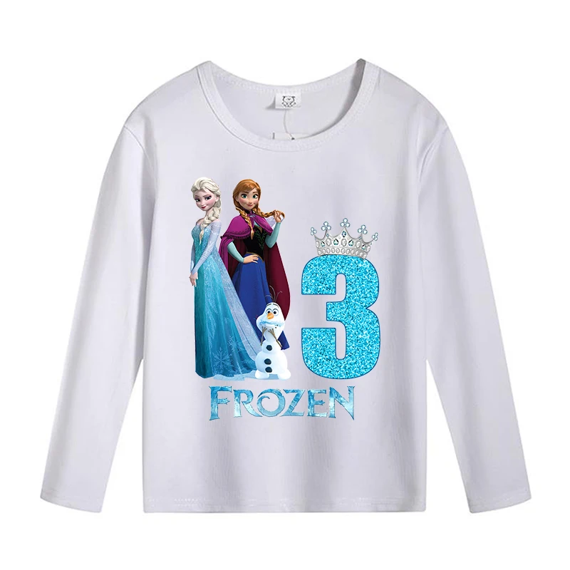 Disney Fozen Elsa Number Long Sleeve T Shirt Princess Birthday Clothes for Girls Cute Cotton Clothing Party Costume Tops Gift