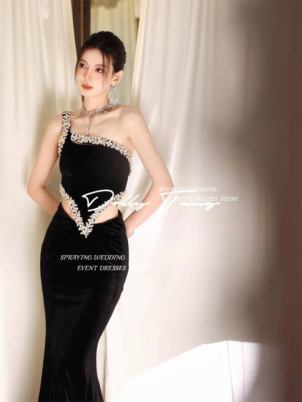 SPRAYING Black Velvet Sparkly Diamond Evening Dress One Shoulder 2Pcs Party Dress Mermaid Long Formal Event Dress Customized