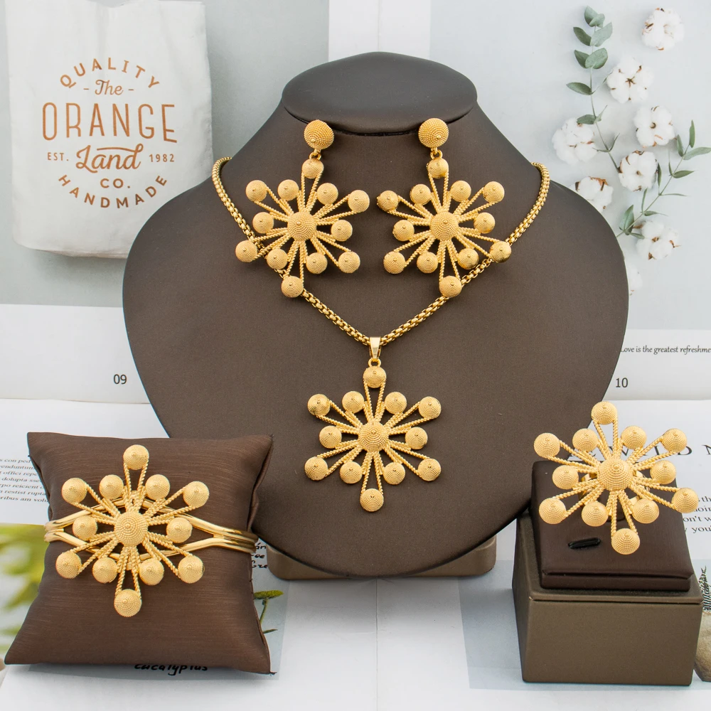 Gold Color Jewelry Set Dubai Ethiopian Women Earrings Pendant Snowflake Necklace African Cuff Bracelet Ring Bridal Jewelry Gift