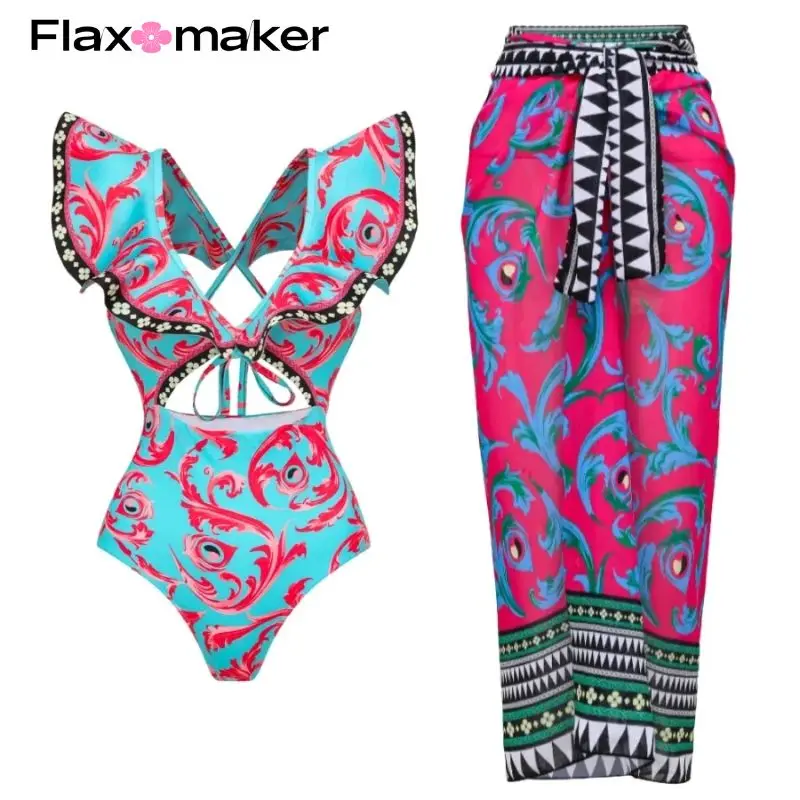 Flaxmaker-bañador de una pieza con estampado de tótem de pavo real, traje de baño con volantes, Sarong, ropa de playa para vacaciones, liquidación, venta al por mayor