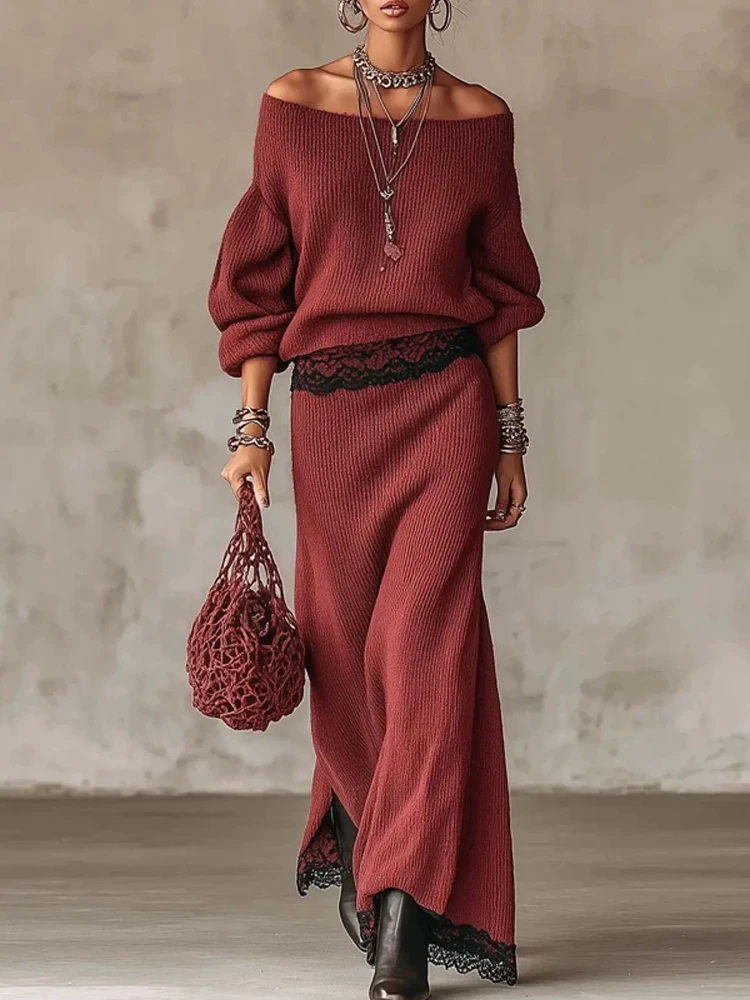 Sexy Off Shoulder Pullover Top & Long Skirt Suit Women Elegant Lace Splicing Solid 2 Piece Outfits Fashion Ribbing Knitted Sets