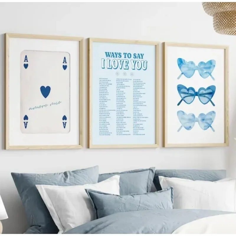 Wall Art  Canvas  Vintage Funky Art Print Blue Preppy Aesthetic Poster Butterfly Peach Heart Cardboard Bedroom Decor