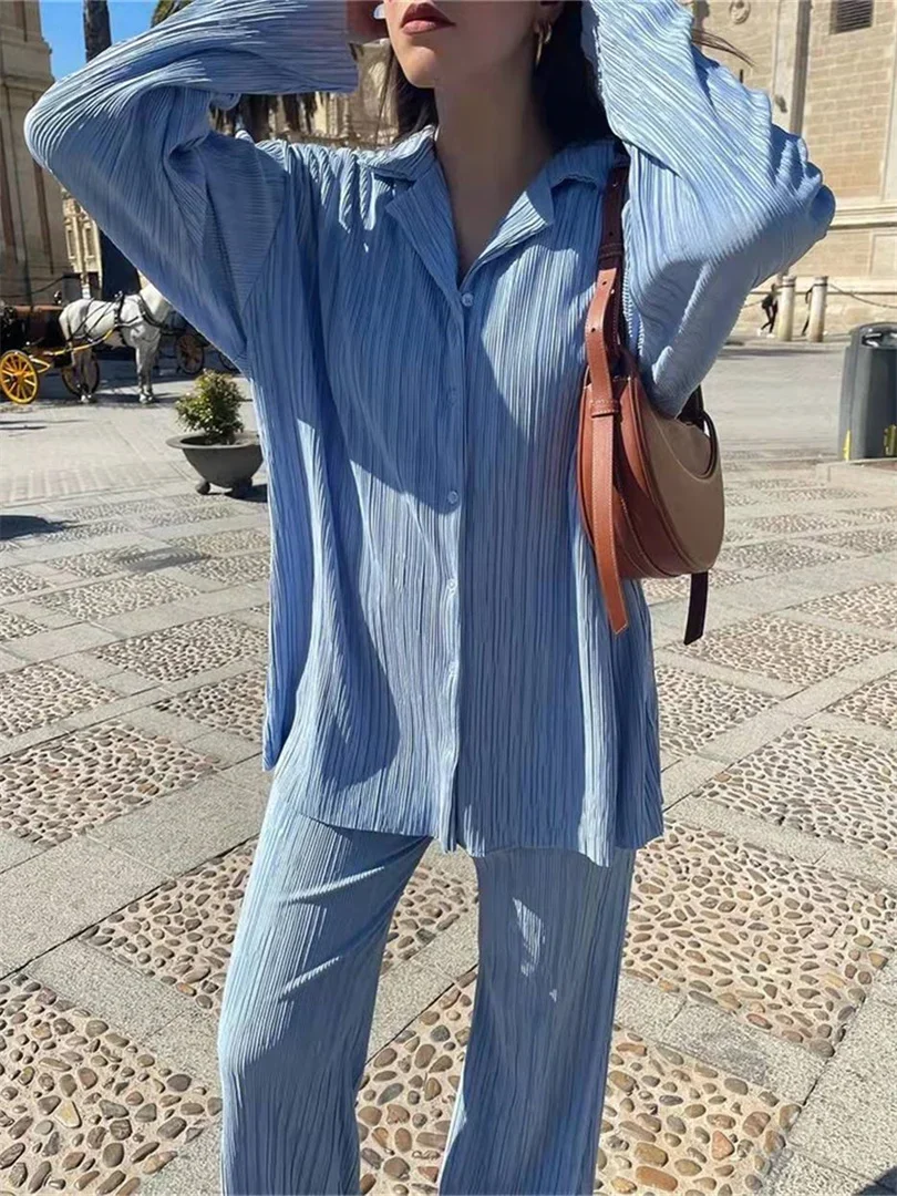 Women Pleated 2 Piece Pants Sets Spring Summer Streetwear Long Sleeve Button Down Shirt+Straight-Leg Pants Loose Outfits