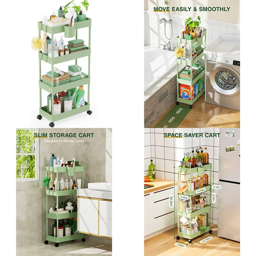

Slim Rolling Storage Cart - 4 Tiers Bathroom Organizer Utility Cart Slide Out Storage Shelves Mobile Shelving Unit for Kitchen,