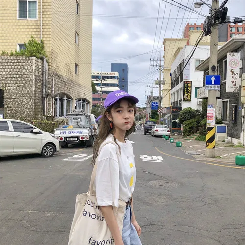 Simple Chinese letter purple causal college wind printed 2023 new light short sleeve cotton female tees