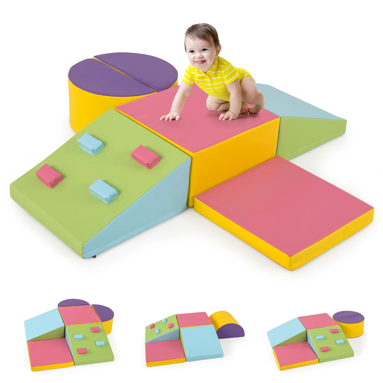 6-Piece Foam Climbing Blocks, Lightweight Soft Climbing Indoor Set w/ Hook and Loop Fasteners, Climb and Crawl Activity Play Set