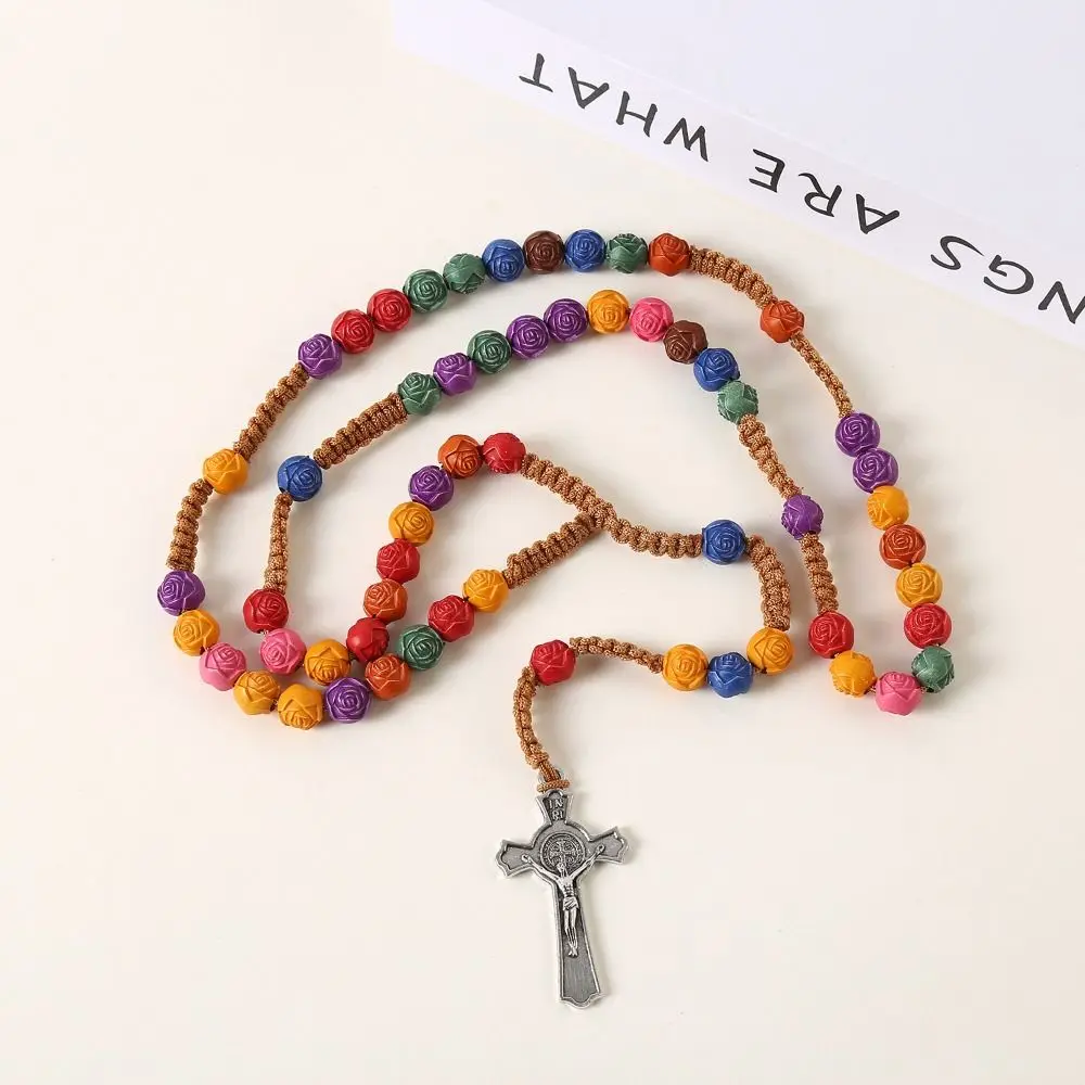 Rose Bead Colorful Cross Necklace Catholic Religious Handmade Rosary Necklace Blessing Durable Crucifix Pendant Chain Church