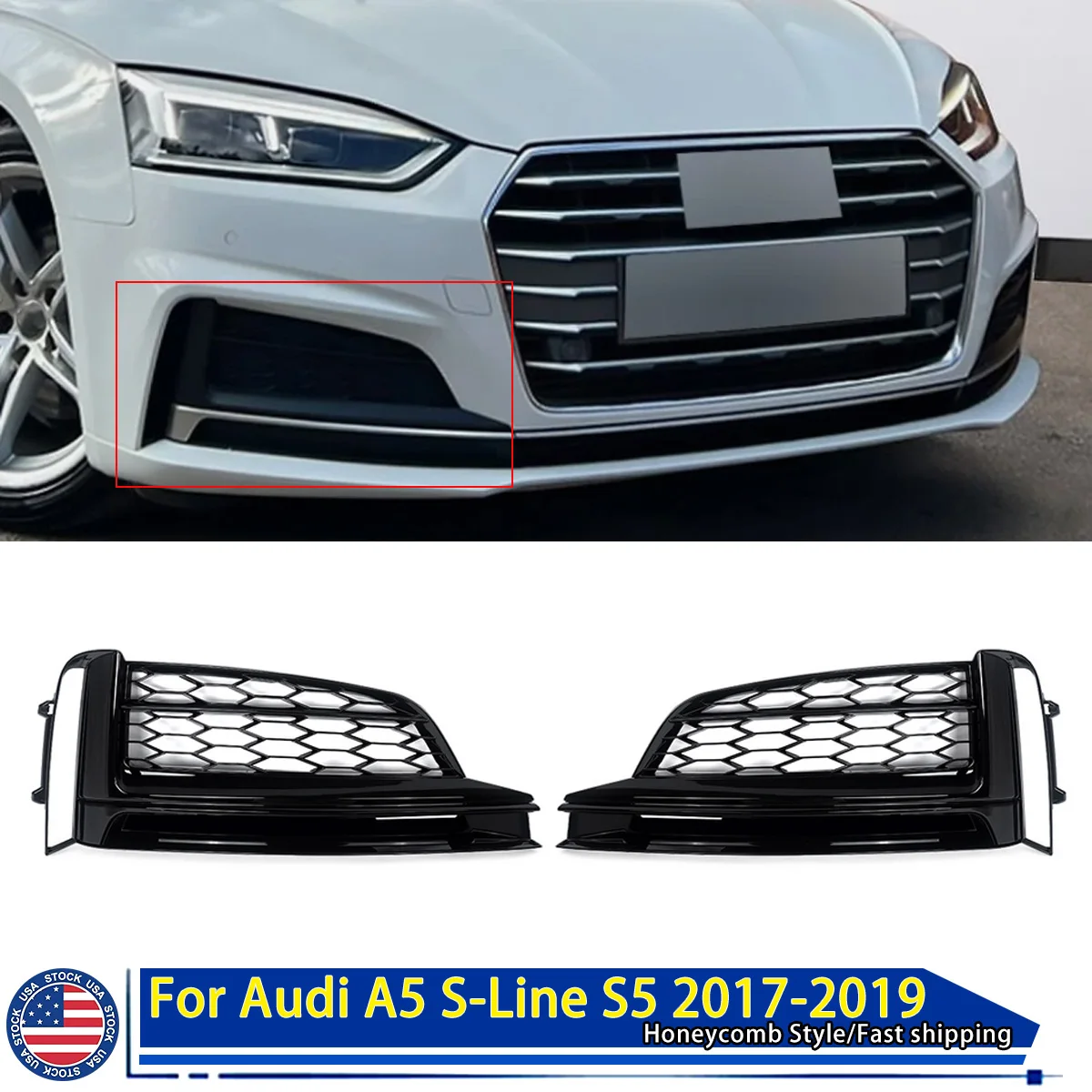 

Magickit for Audi A5 S Line S5 Sportback Front Fog Light Lamp Cover Grille Honeycomb Grill Mesh 2017 2018 2019 Gloss Black