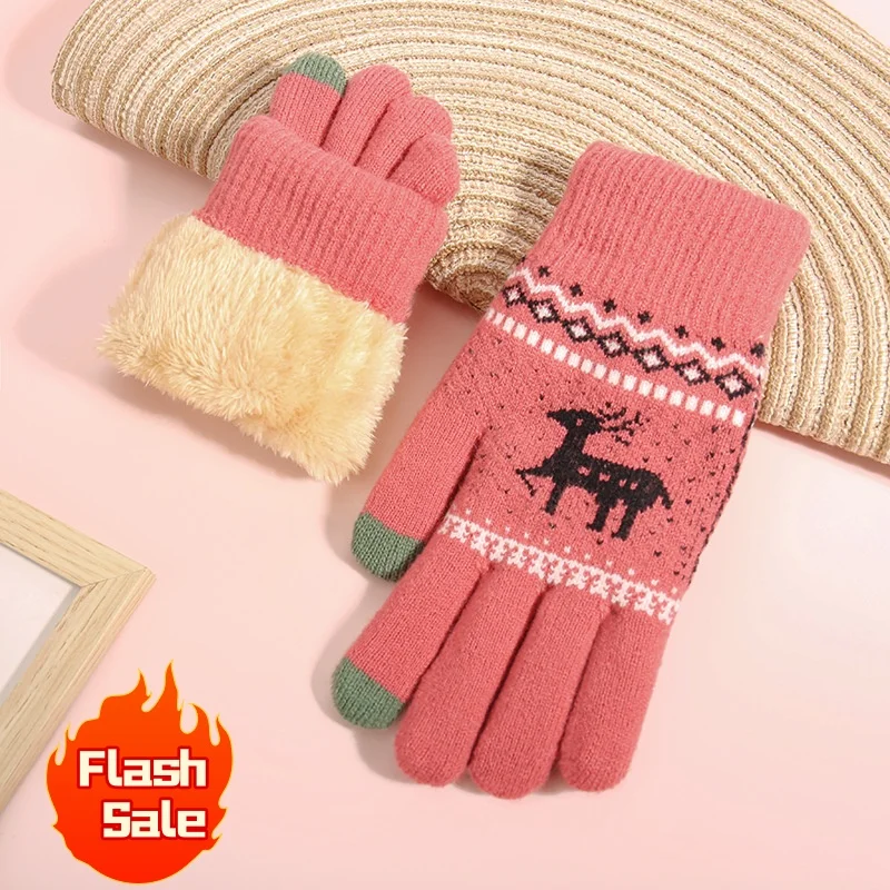 Erwachsene Frauen Touchscreen Handschuhe Winter Plüsch Verdickte Warme Gestrickte Handschuhe Niedlichen Cartoon Deer Stickerei Druck Outdoor Sport Warm